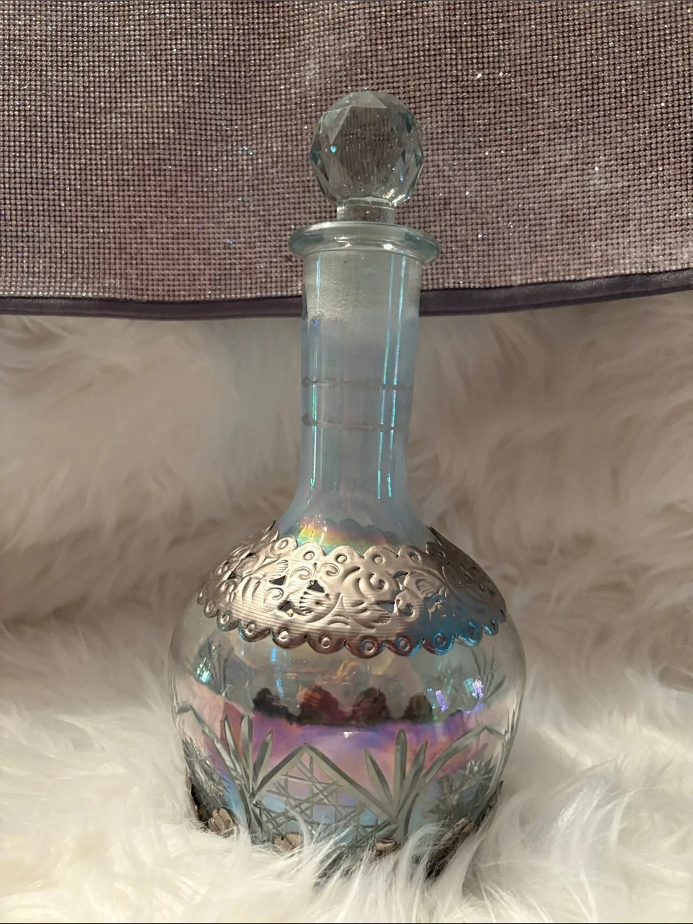 Iridescent Glass Decanter with Silver Filigree